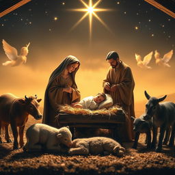 A serene nativity scene depicting the birth of Jesus, set in a rustic manger surrounded by soft, glowing light