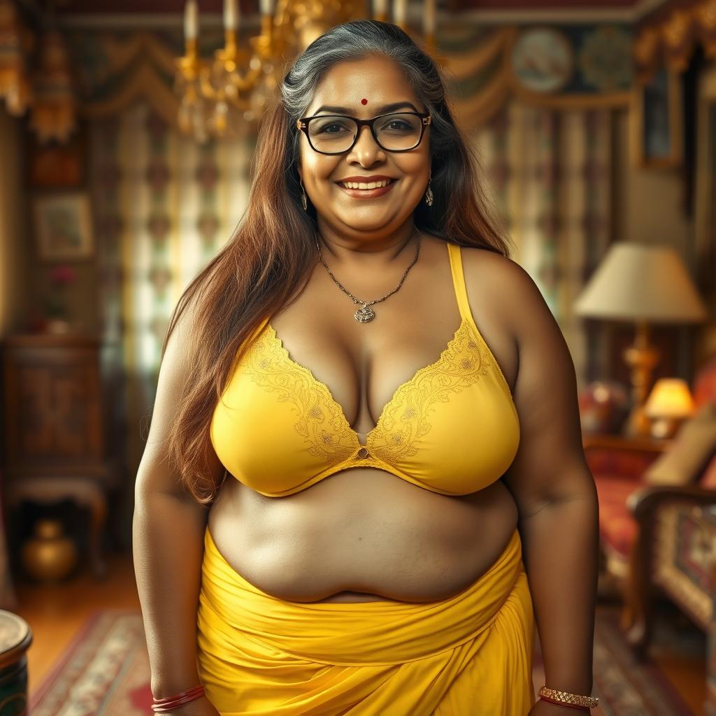 A realistic image of a wealthy Indian village woman over 60 years old, voluptuous and curvy, with long brown hair elegantly styled and wearing glasses