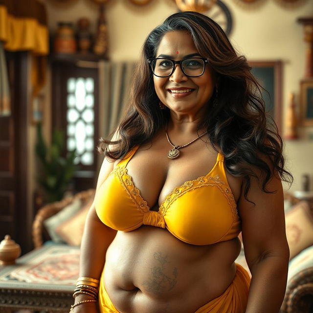 A realistic image of a wealthy Indian village woman over 60 years old, voluptuous and curvy, with long brown hair elegantly styled and wearing glasses