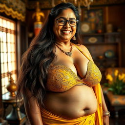 A realistic image of a wealthy Indian village woman over 60 years old, voluptuous and curvy, with long brown hair elegantly styled and wearing glasses