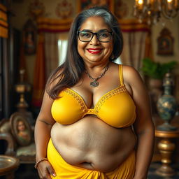 A realistic image of a wealthy Indian village woman over 60 years old, voluptuous and curvy, with long brown hair elegantly styled and wearing glasses