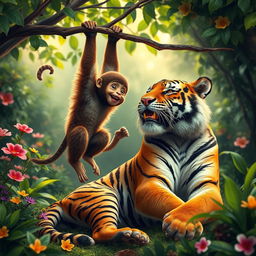 A playful scene featuring a monkey interacting with a majestic tiger in a lush, vibrant jungle