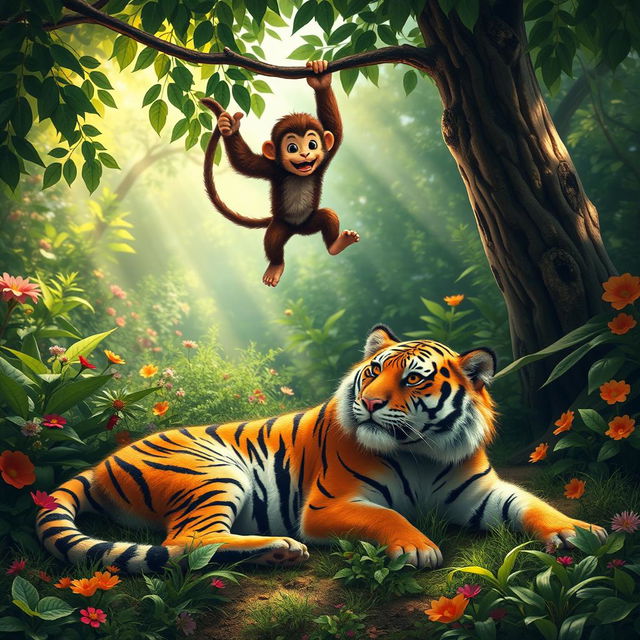 A playful scene featuring a monkey interacting with a majestic tiger in a lush, vibrant jungle