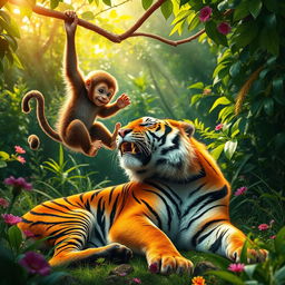 A playful scene featuring a monkey interacting with a majestic tiger in a lush, vibrant jungle