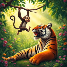 A playful scene featuring a monkey interacting with a majestic tiger in a lush, vibrant jungle