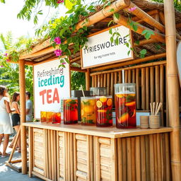 A charming outdoor booth designed for selling iced tea, made primarily of bamboo