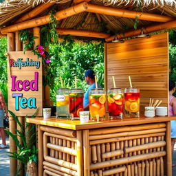A charming outdoor booth designed for selling iced tea, made primarily of bamboo
