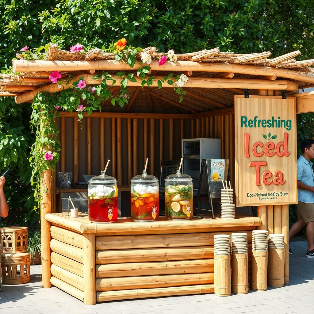 A charming outdoor booth designed for selling iced tea, made primarily of bamboo