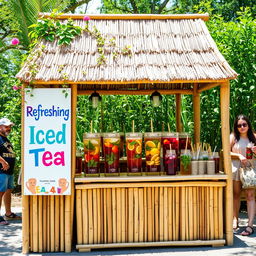 A charming outdoor booth designed for selling iced tea, made primarily of bamboo