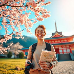 A vibrant photo of a joyful traveler standing in a picturesque Japanese landscape