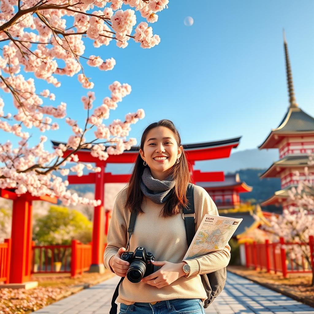 A vibrant photo of a joyful traveler standing in a picturesque Japanese landscape