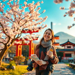 A vibrant photo of a joyful traveler standing in a picturesque Japanese landscape