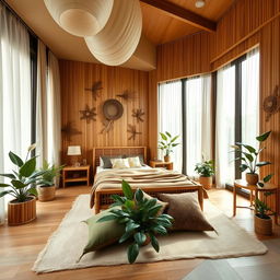 An inviting interior room design featuring bamboo elements, showcasing a harmonious blend of modern and natural aesthetics