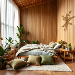 An inviting interior room design featuring bamboo elements, showcasing a harmonious blend of modern and natural aesthetics