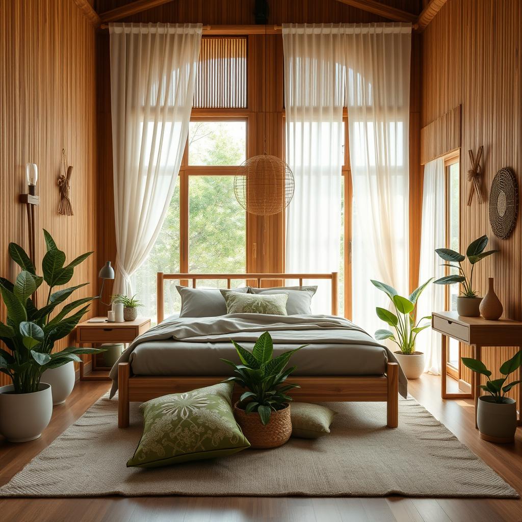 An inviting interior room design featuring bamboo elements, showcasing a harmonious blend of modern and natural aesthetics
