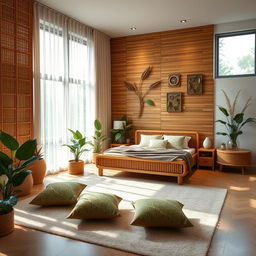 An inviting interior room design featuring bamboo elements, showcasing a harmonious blend of modern and natural aesthetics