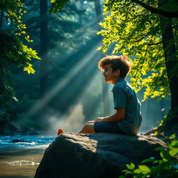 A serene and enchanting morning scene in a lush green forest where sunlight gently filters through tall tree branches, illuminating a large rock by a tranquil river