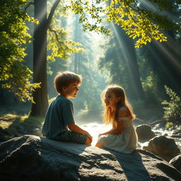 A serene and enchanting morning scene in a lush green forest where sunlight gently filters through tall tree branches, illuminating a large rock by a tranquil river