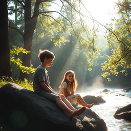 A serene and enchanting morning scene in a lush green forest where sunlight gently filters through tall tree branches, illuminating a large rock by a tranquil river