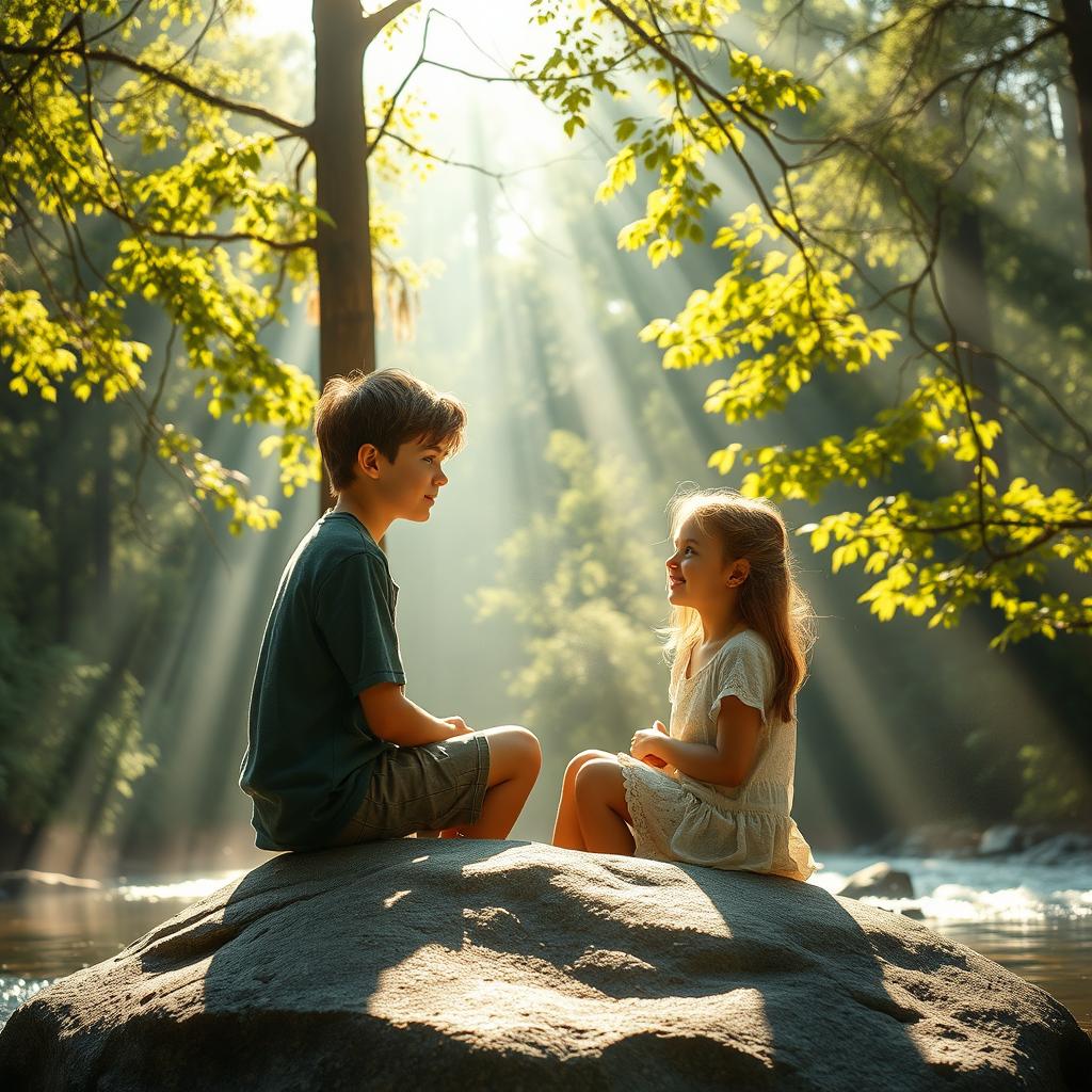 A serene and enchanting morning scene in a lush green forest where sunlight gently filters through tall tree branches, illuminating a large rock by a tranquil river