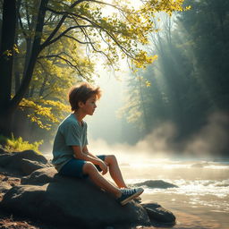 On a delightful morning, sunlight gently filters through the tall branches of trees and a soft mist hovers above a serene forest