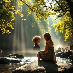 On a delightful morning, sunlight gently filters through the tall branches of trees and a soft mist hovers above a serene forest