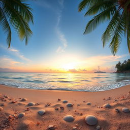 A stunning landscape photograph showcasing a wide panoramic view of a serene beach at sunset, with soft golden and pink hues in the sky reflecting on the calm waves