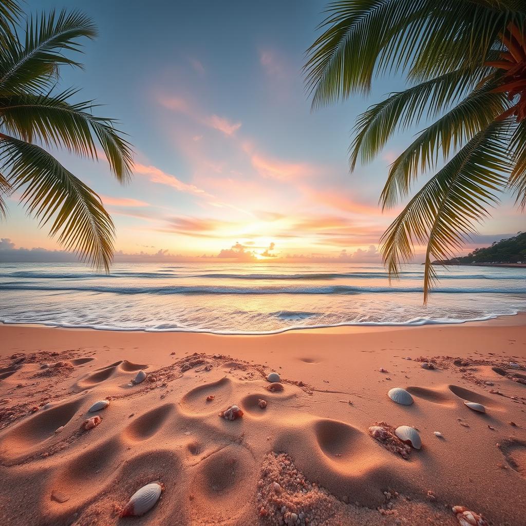 A stunning landscape photograph showcasing a wide panoramic view of a serene beach at sunset, with soft golden and pink hues in the sky reflecting on the calm waves