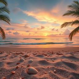 A stunning landscape photograph showcasing a wide panoramic view of a serene beach at sunset, with soft golden and pink hues in the sky reflecting on the calm waves