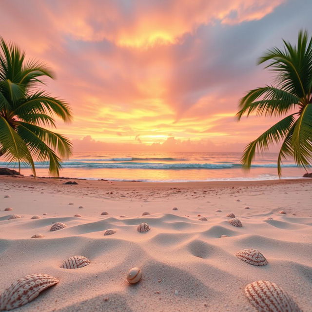 A stunning landscape photograph showcasing a wide panoramic view of a serene beach at sunset, with soft golden and pink hues in the sky reflecting on the calm waves