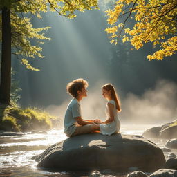 In a charming morning, sunlight gently filters through the tall branches of trees and a soft mist hovers above a tranquil forest