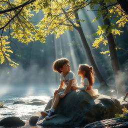 In a charming morning, sunlight gently filters through the tall branches of trees and a soft mist hovers above a tranquil forest
