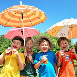 A playful scene of cheerful boys in colorful clothing joyfully sipping beverages under their own unique umbrellas