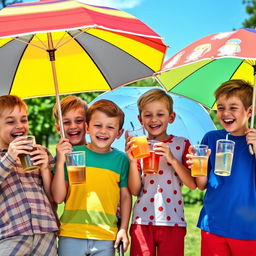 A playful scene of cheerful boys in colorful clothing joyfully sipping beverages under their own unique umbrellas
