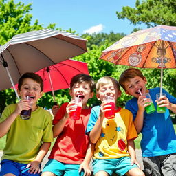 A playful scene of cheerful boys in colorful clothing joyfully sipping beverages under their own unique umbrellas