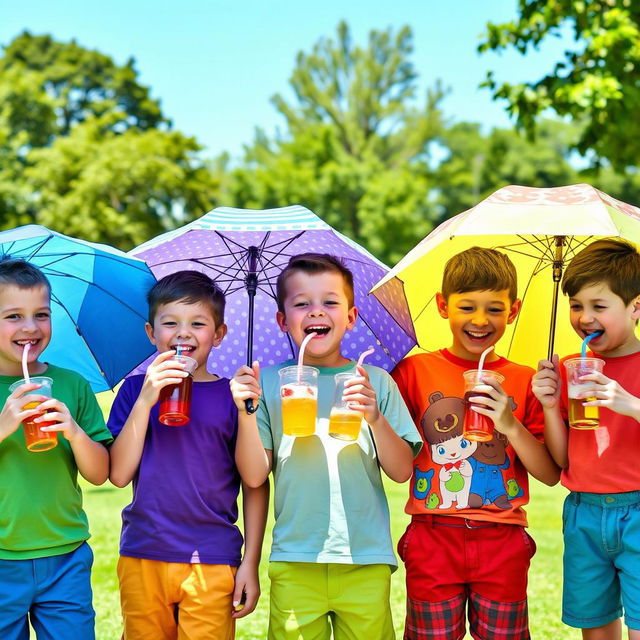 A playful scene of cheerful boys in colorful clothing joyfully sipping beverages under their own unique umbrellas