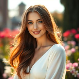 A stunning portrait of a woman named Bella, with long flowing chestnut hair and bright sparkling blue eyes