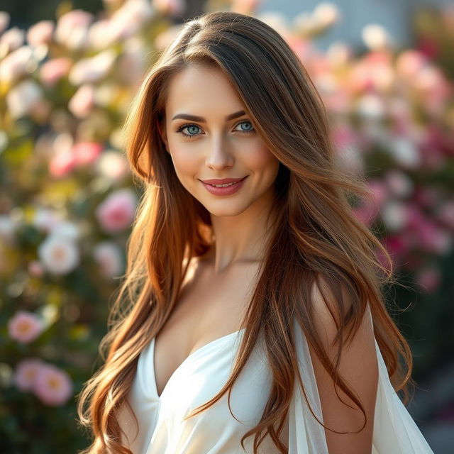 A stunning portrait of a woman named Bella, with long flowing chestnut hair and bright sparkling blue eyes