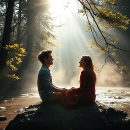 On a delightful morning, sunlight gently streams through the tall tree branches and soft mist hovering above the serene forest