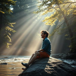 On a delightful morning, sunlight gently streams through the tall tree branches and soft mist hovering above the serene forest