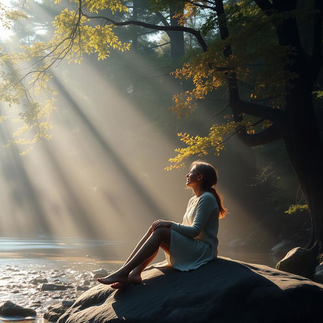 On a delightful morning, sunlight gently streams through the tall tree branches and soft mist hovering above the serene forest