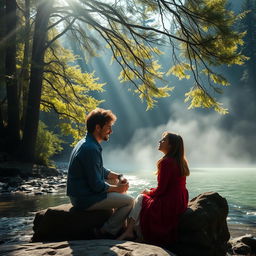 On a delightful morning, sunlight gently streams through the tall tree branches and soft mist hovering above the serene forest