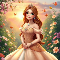 A beautiful princess named Bella, wearing an elegant royal gown adorned with intricate embroidery and sparkling jewels, standing in an enchanting garden filled with vibrant flowers and lush greenery