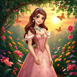 A beautiful princess named Bella, wearing an elegant royal gown adorned with intricate embroidery and sparkling jewels, standing in an enchanting garden filled with vibrant flowers and lush greenery