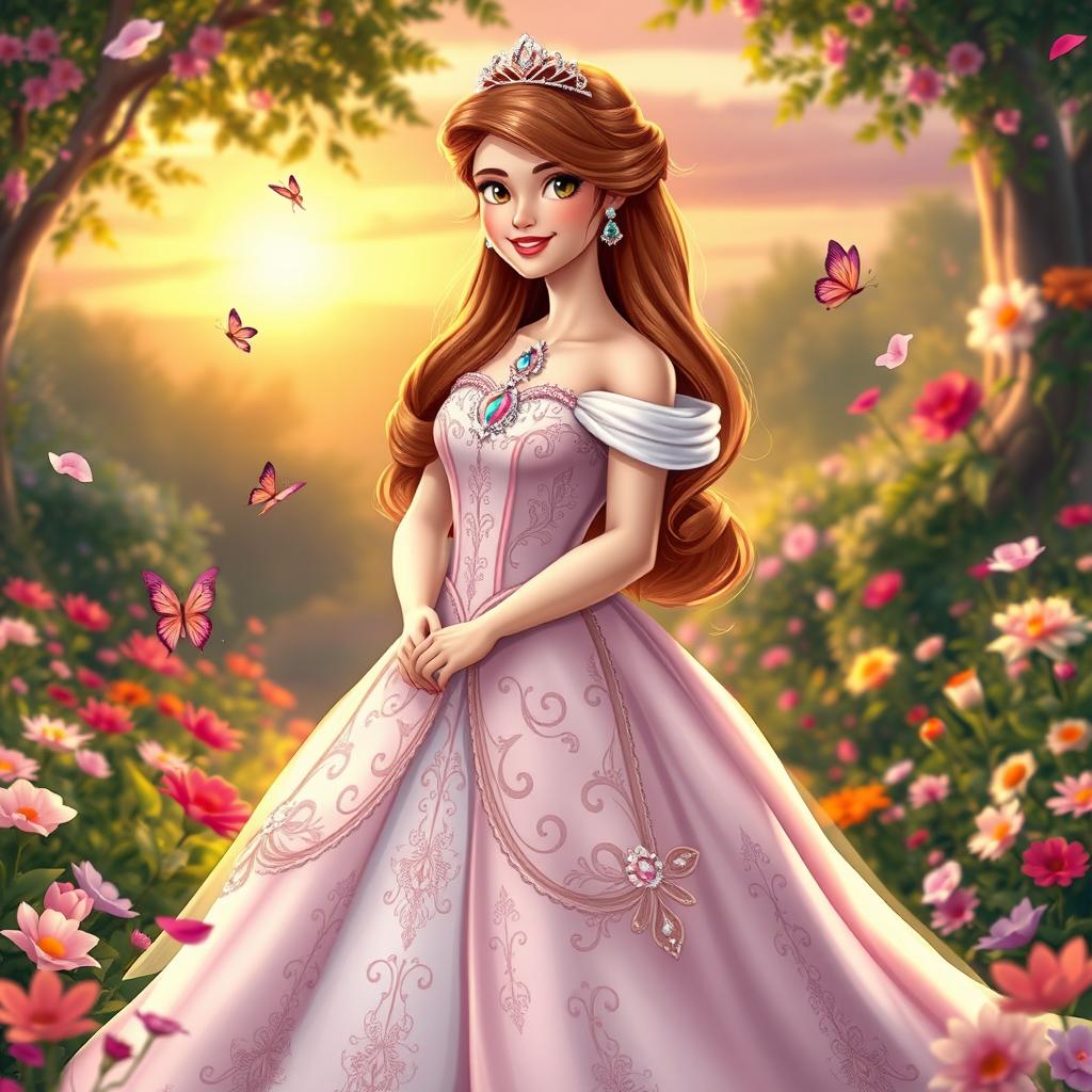 A beautiful princess named Bella, wearing an elegant royal gown adorned with intricate embroidery and sparkling jewels, standing in an enchanting garden filled with vibrant flowers and lush greenery