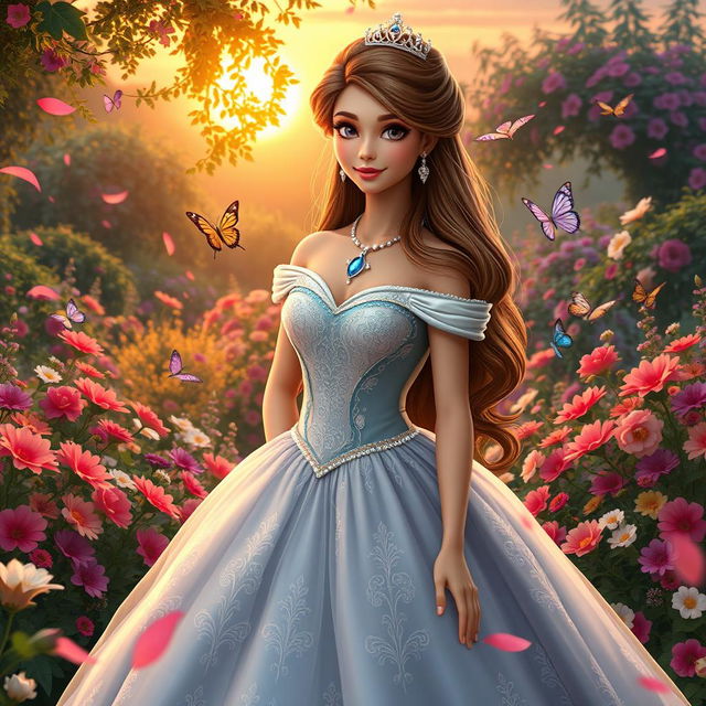 A beautiful princess named Bella, wearing an elegant royal gown adorned with intricate embroidery and sparkling jewels, standing in an enchanting garden filled with vibrant flowers and lush greenery