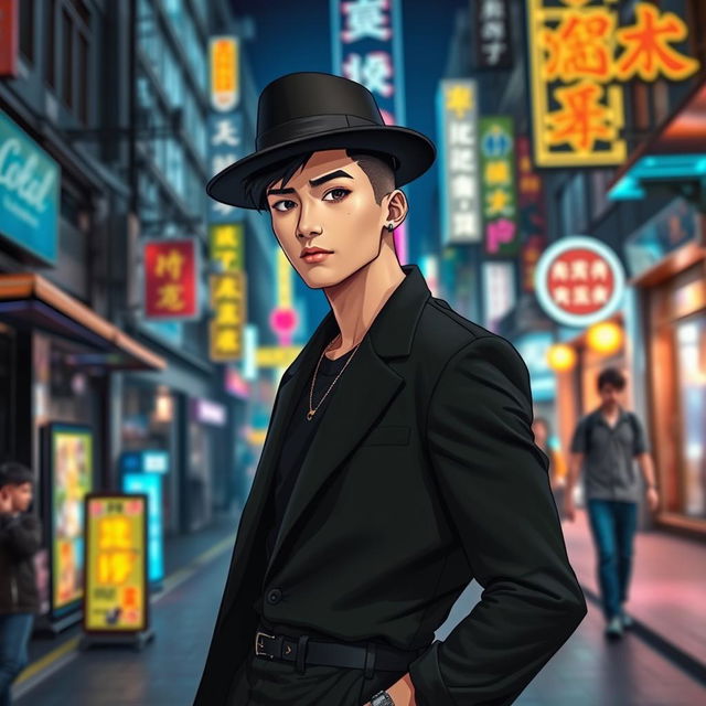 A stylish male character in a striking black outfit, confidently posing in an urban setting