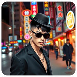 A stylish male character in a striking black outfit, confidently posing in an urban setting