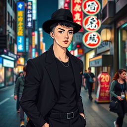 A stylish male character in a striking black outfit, confidently posing in an urban setting