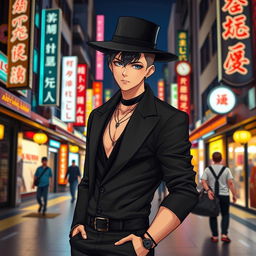 A stylish male character in a striking black outfit, confidently posing in an urban setting